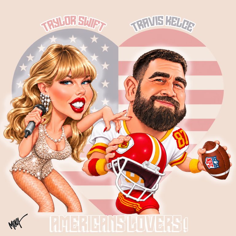 Caricature de Taylor Swift et Travis Kelce par Mika